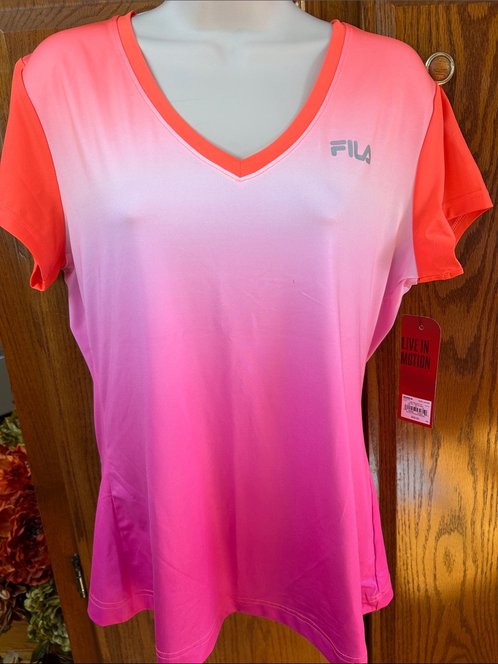 FILA Pink to Coral Ombre V-Neck Athletic Tee